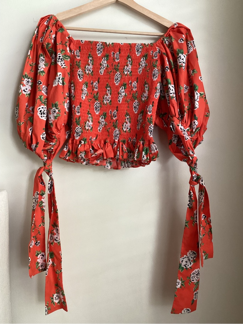 Caroline Constas Floral Print Top Small Smocked Peplum Blouse Red Orange - Picture 2 of 14